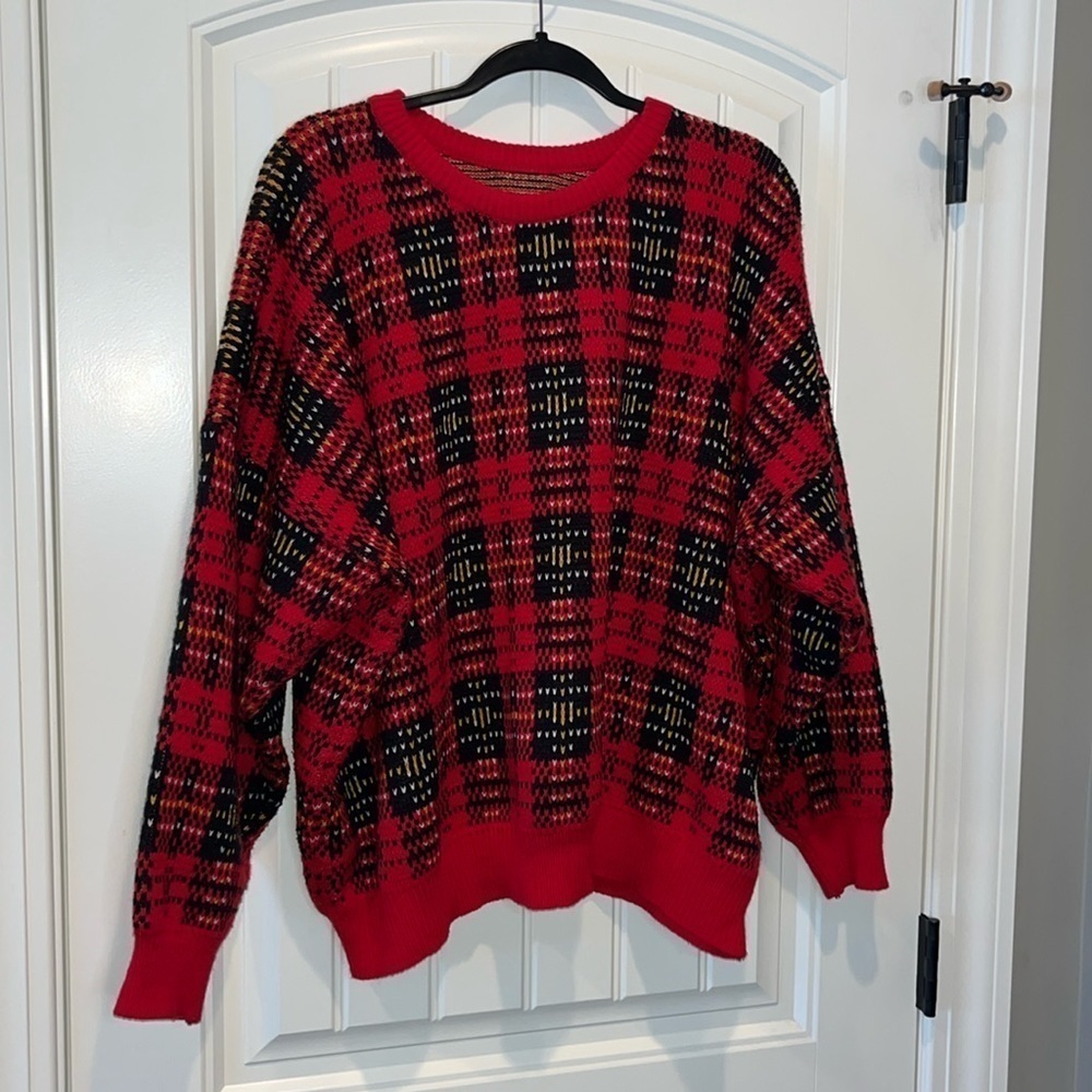 vintage red plaid crew neck sweater Preppy classic academic grandpa XL XXL